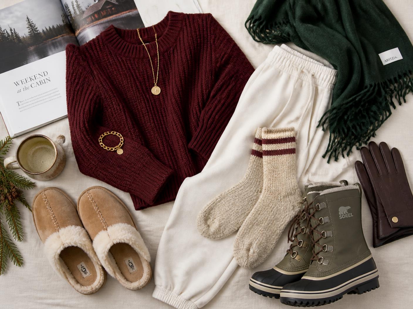 Flat lay of cozy cabin outfit pieces in burgundy, cream and forest green