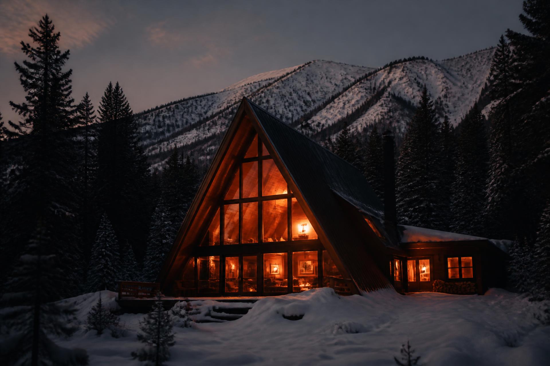 A warm-lit cabin in the snowy mountains at dusk