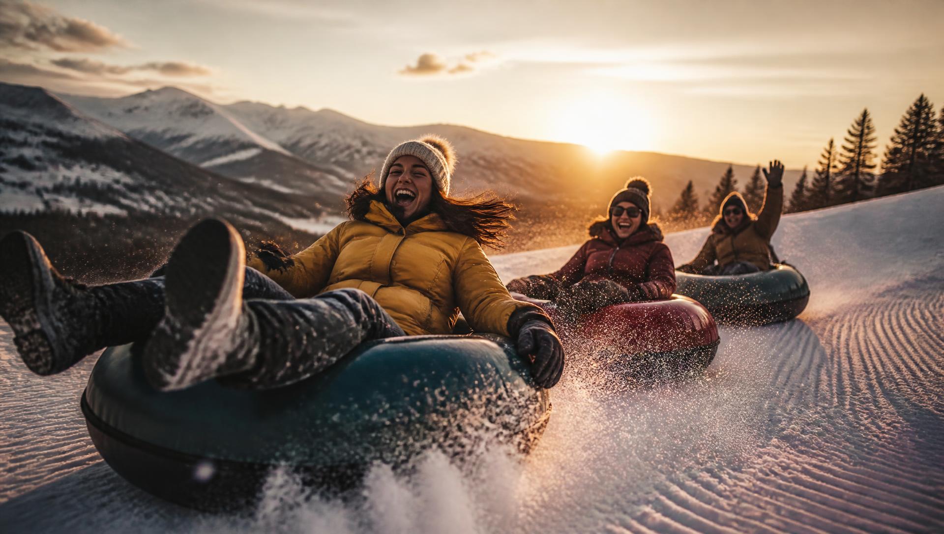 Friends snow tubing down a snowy hill at golden hour